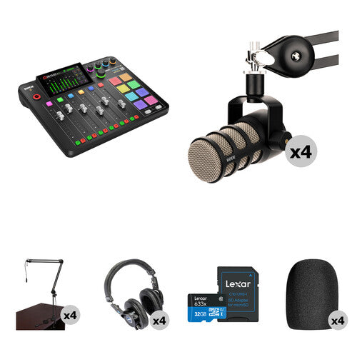 RODE RODECaster Pro II 4-Person Podcasting Kit with PodMics, Broadcast Arms, and Headphones